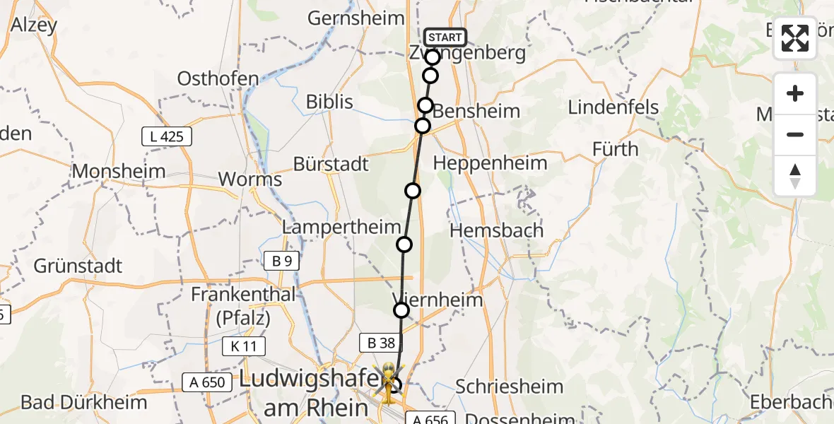 Flugroute Rettungshubschrauber Alsbach-Hähnlein - Mannheim-City Flughafen, 05 Mai 2026, 15:02