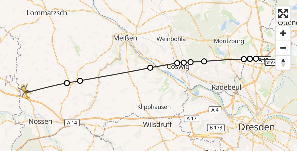 Flugroute Rettungshubschrauber Dresden Flughafen - Nossen, 05 Mai 2026, 15:05