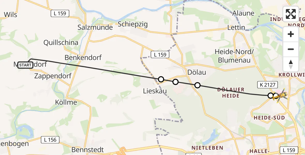 Flugroute Rettungshubschrauber Salzatal - Halle (Saale) University Hospital, 05 Mai 2026, 15:07