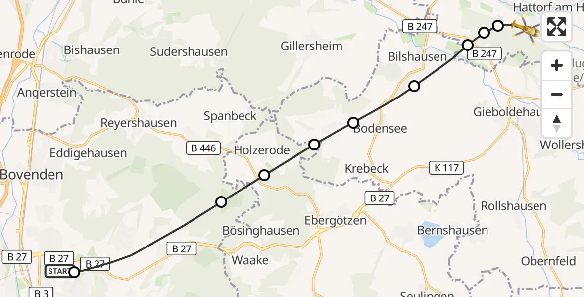Flugroute Rettungshubschrauber Göttingen University Clinic Hubschrauberlandeplatz - Hattorf am Harz, 05 Mai 2026, 15:11