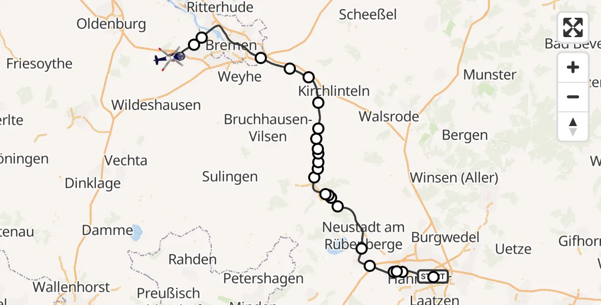 Flugroute Polizeihubschrauber Hannover Luftrettung Hubschrauberlandeplatz (Christoph 4) - Ganderkesee Atlas Flugplatz, 05 Mai 2026, 15:12