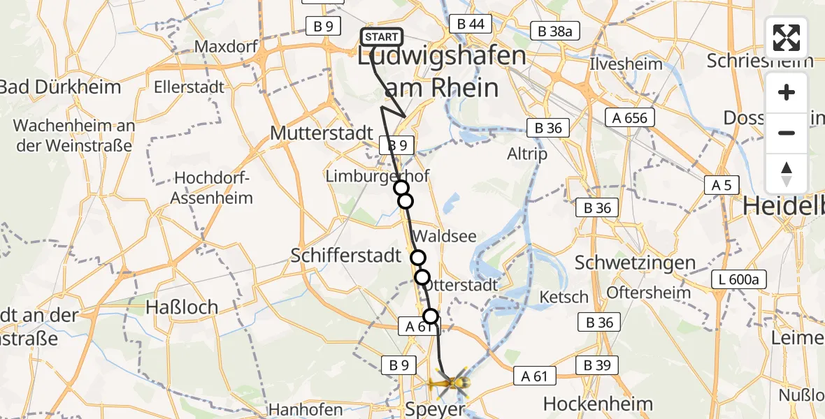 Flugroute Rettungshubschrauber Ludwigshafen am Rhein - Speyer, 05 Mai 2026, 15:12
