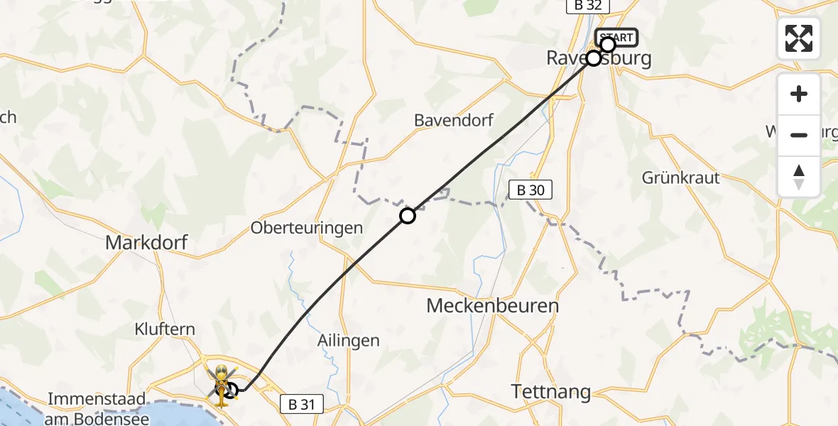 Flugroute Rettungshubschrauber Sankt Elisabeth Hospital - Friedrichshafen Hospital, 05 Mai 2026, 15:16