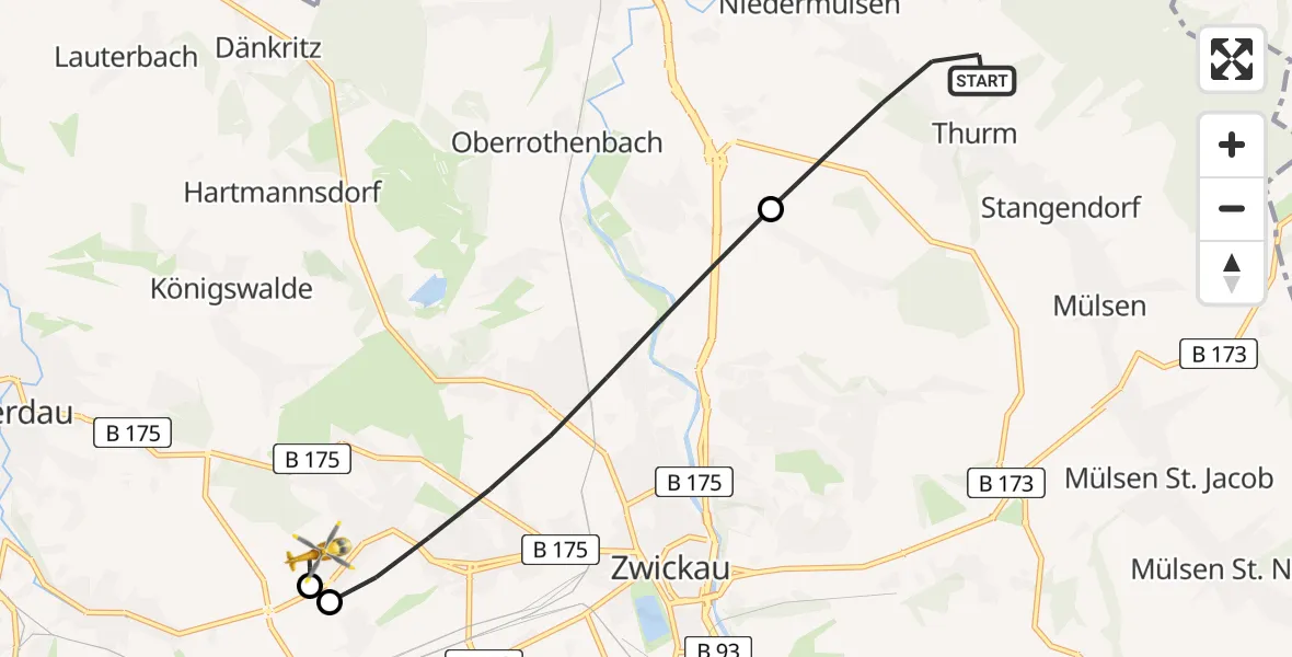 Flugroute Rettungshubschrauber Mülsen - ADAC Air Rescue Station Zwickau Hubschrauberlandeplatz, 05 Mai 2026, 15:21