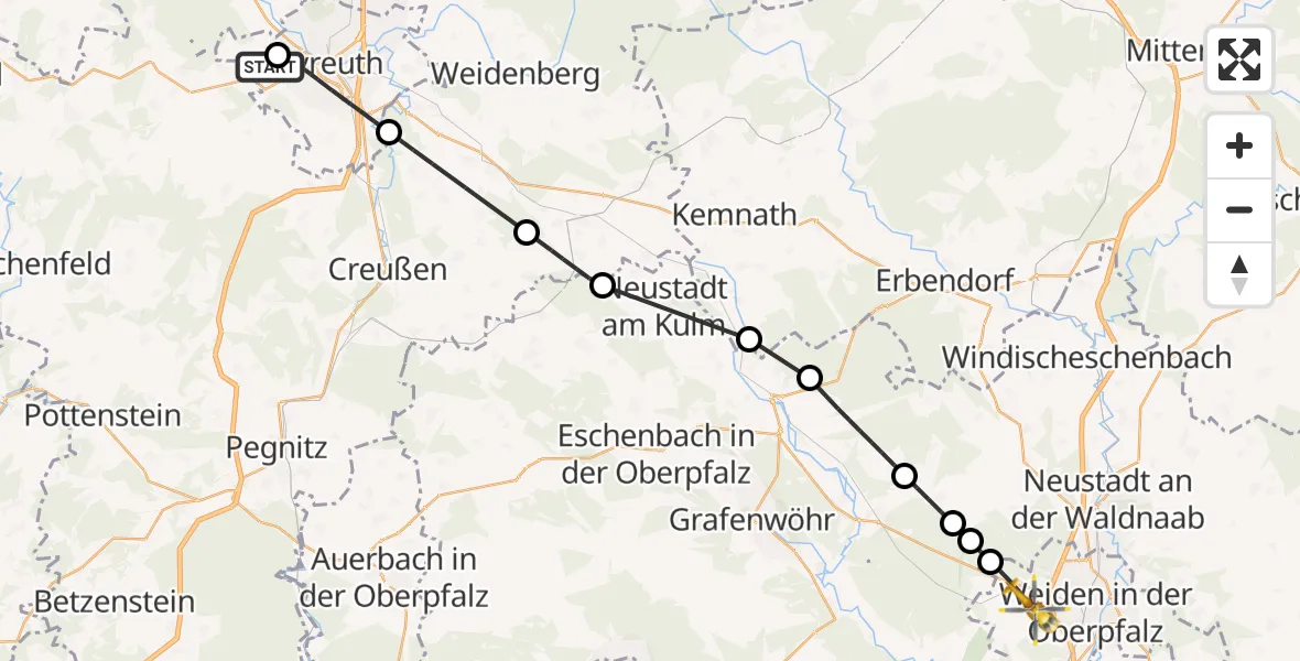 Flugroute Rettungshubschrauber Bayreuth Hospital - Weiden in der Oberpfalz Flugplatz, 05 Mai 2026, 15:23