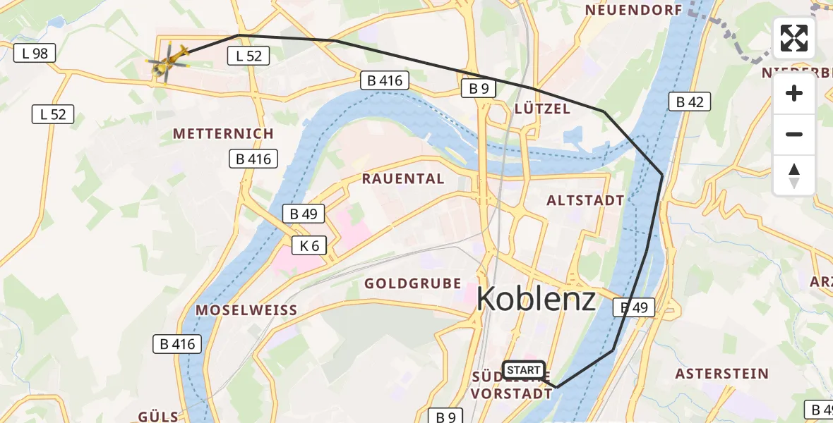 Flugroute Rettungshubschrauber Koblenz - Koblenz, 05 Mai 2026, 15:29
