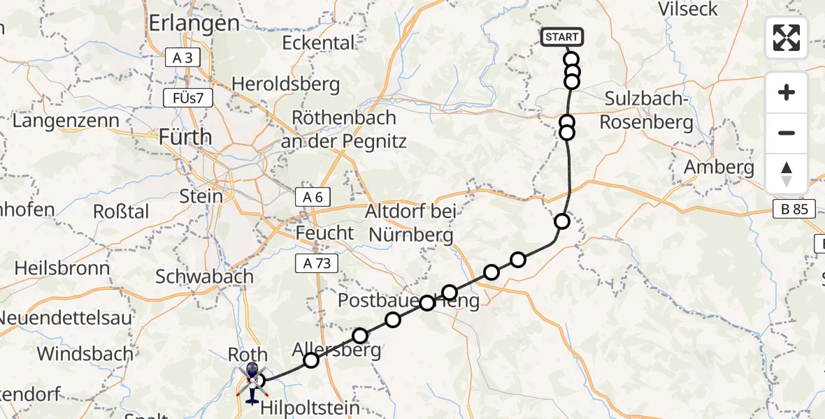 Flugroute Polizeihubschrauber Hirschbach - Flugplatz Roth, 05 Mai 2026, 16:07