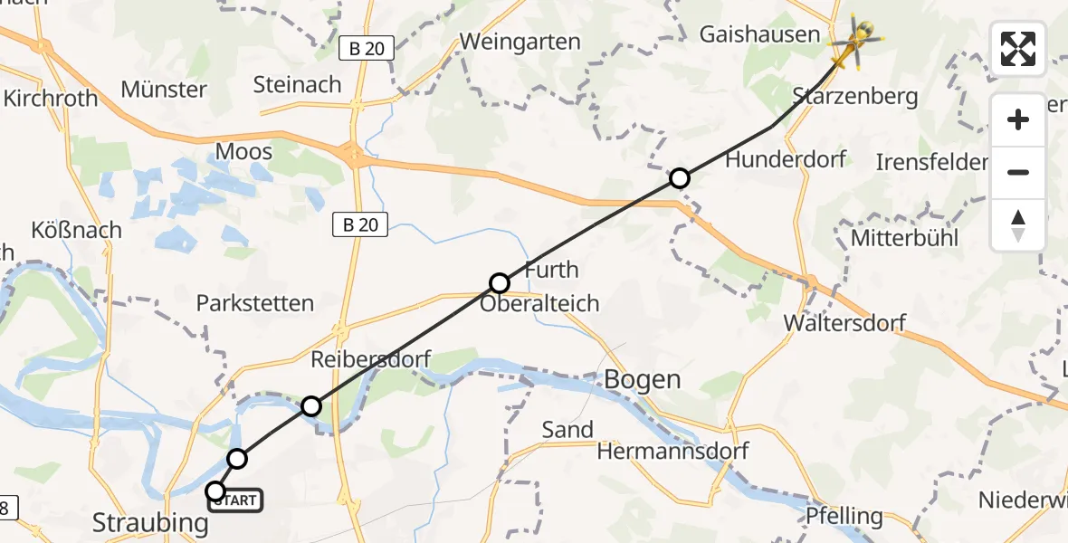 Flugroute Rettungshubschrauber Sankt Elisabeth Hospital Straubing - Hunderdorf, 05 Mai 2026, 16:19
