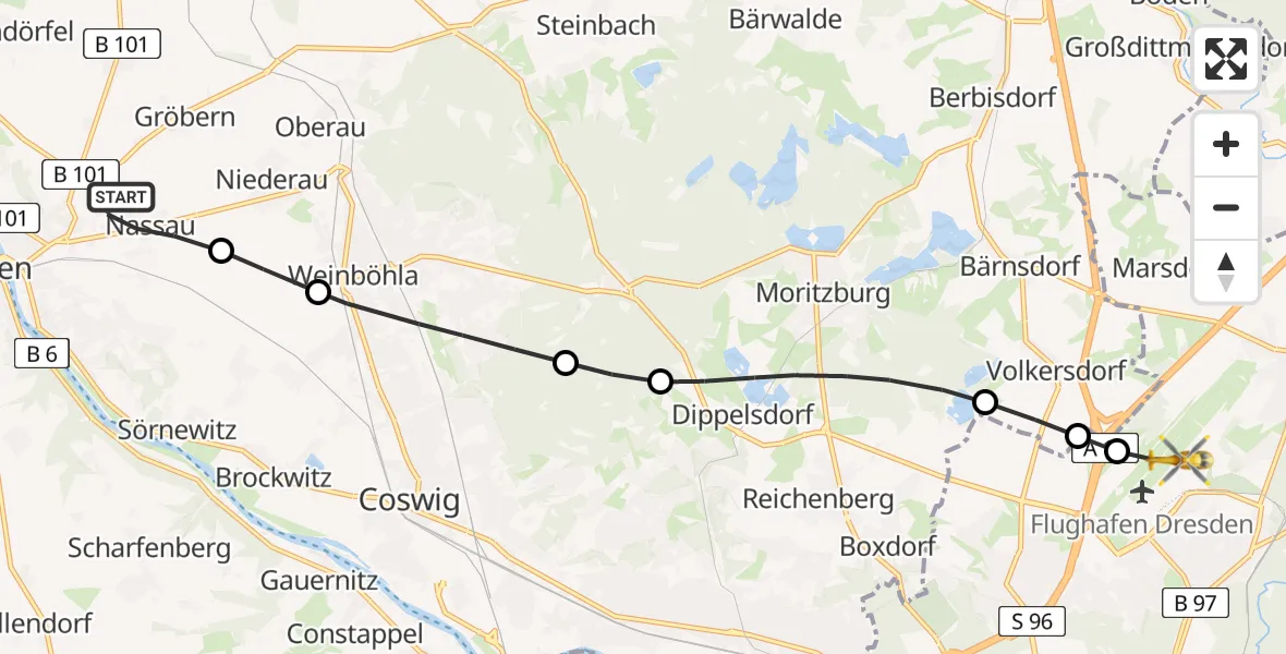 Flugroute Rettungshubschrauber Meißen - Dresden Bundespolizei Hubschrauberlandeplatz, 05 Mai 2026, 16:25