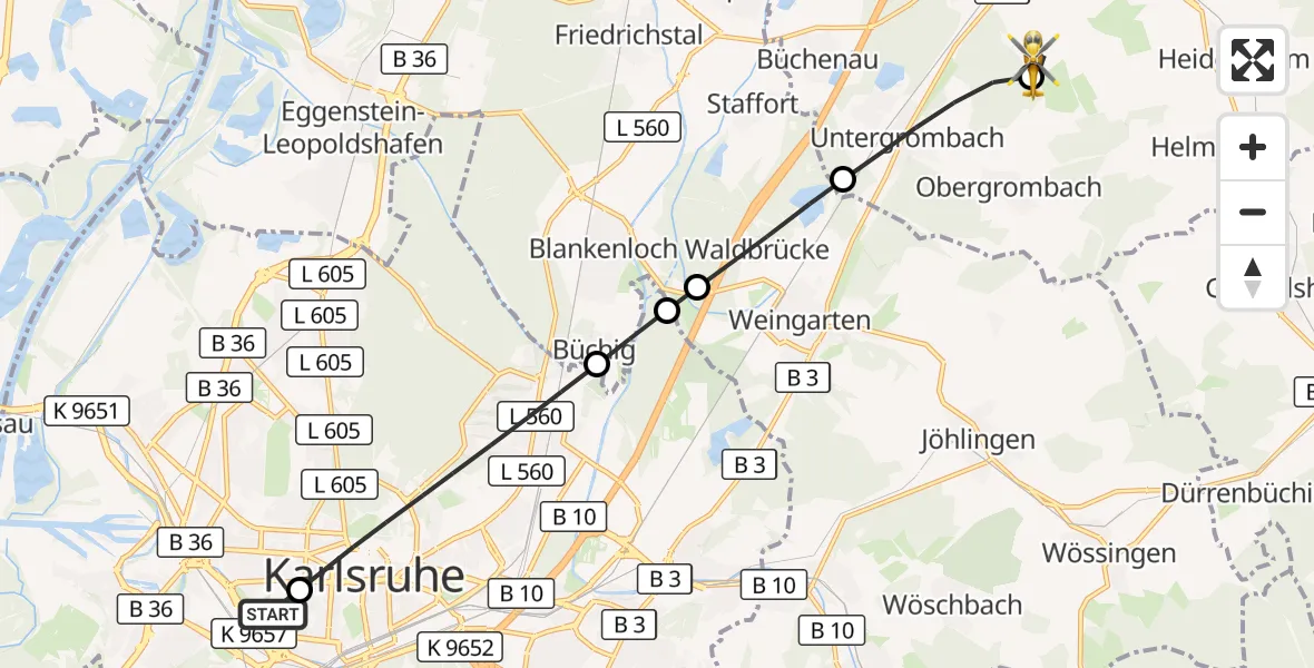 Flugroute Rettungshubschrauber Sankt Vincentius Hospital - Bruchsal Absetzpunkt, 05 Mai 2026, 16:25