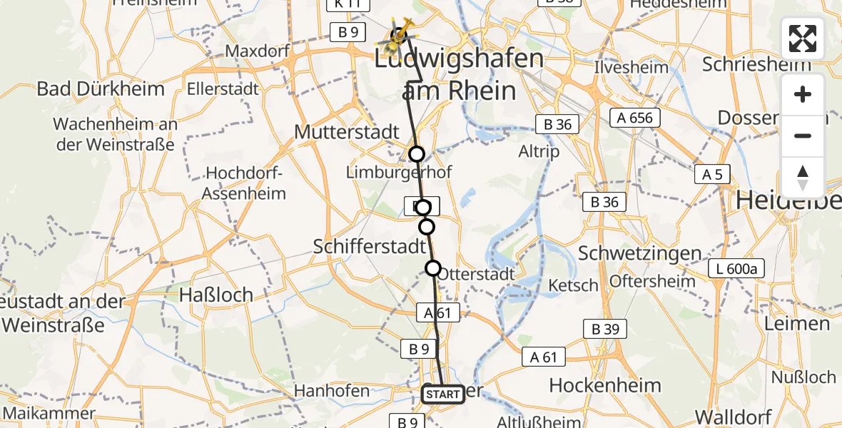 Flugroute Rettungshubschrauber Speyer - Ludwigshafen Accident Hospital Hubschrauberlandeplatz, 05 Mai 2026, 16:33