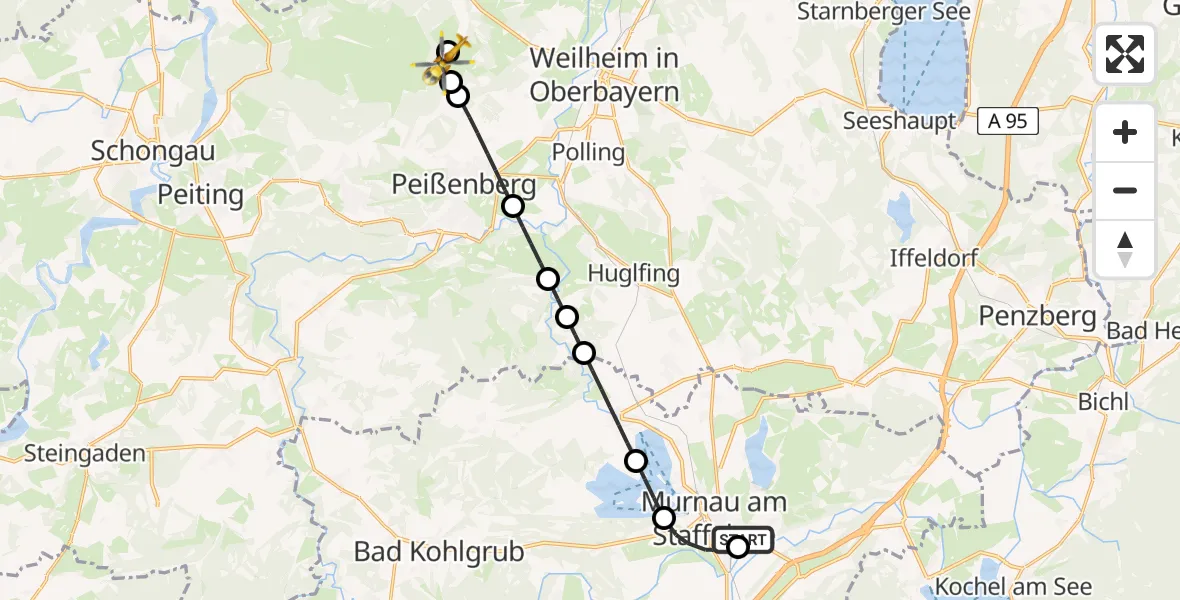 Flugroute Rettungshubschrauber Murnau Accident Hospital - Paterzell Flugplatz, 05 Mai 2026, 16:36