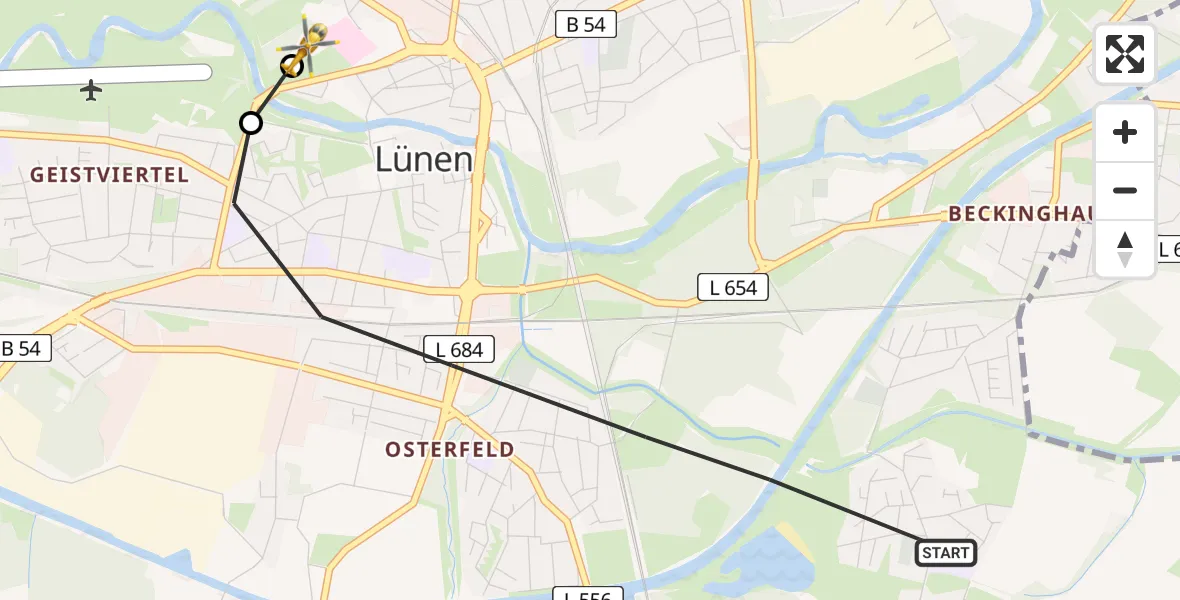 Flugroute Rettungshubschrauber Lünen - Sankt Marien Hospital, 05 Mai 2026, 16:40