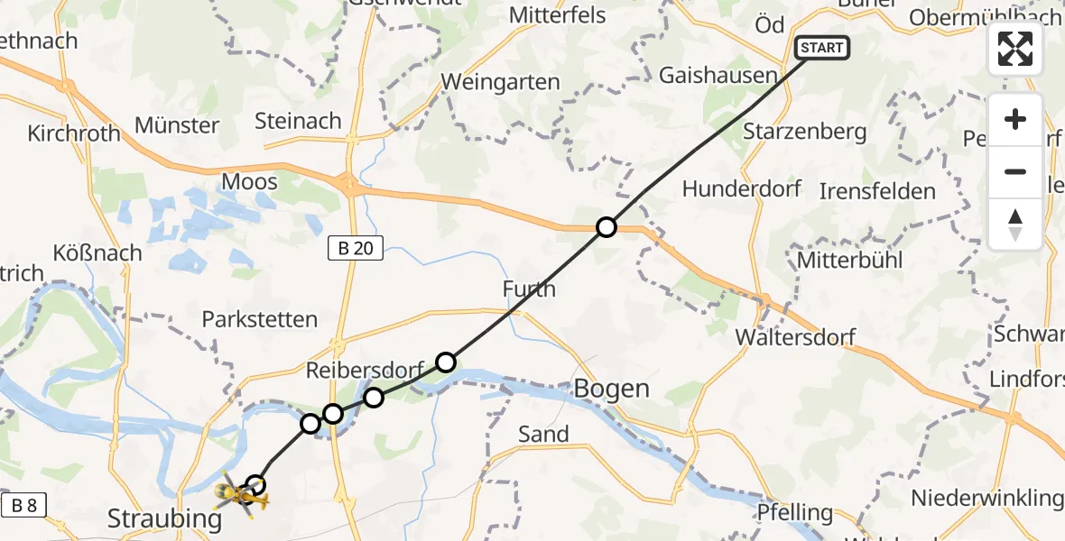 Flugroute Rettungshubschrauber Hunderdorf - Sankt Elisabeth Hospital Straubing, 05 Mai 2026, 16:42