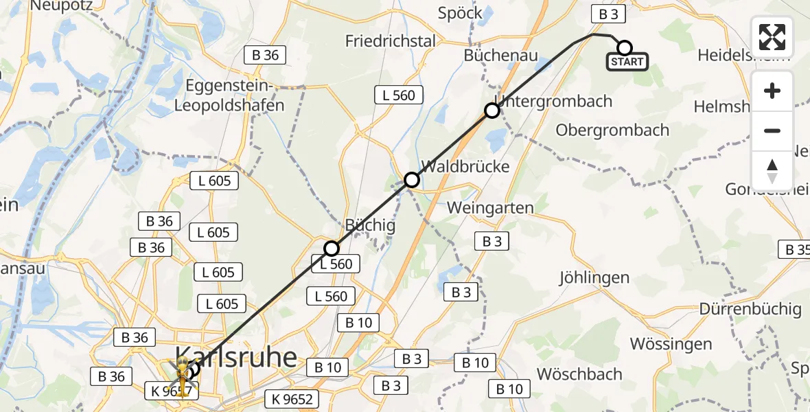 Flugroute Rettungshubschrauber Bruchsal Absetzpunkt - Sankt Vincentius Hospital, 05 Mai 2026, 16:55