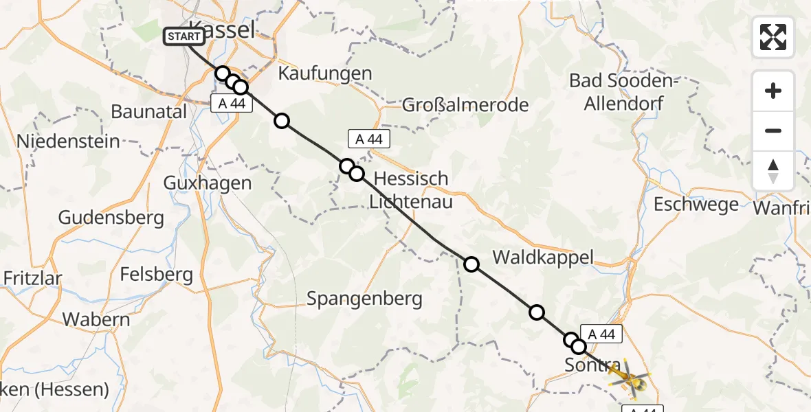 Flugroute Rettungshubschrauber Kassel - Sontra, 05 Mai 2026, 16:59