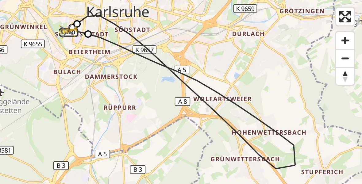 Flugroute Rettungshubschrauber Sankt Vincentius Hospital - Sankt Vincentius Hospital, 05 Mai 2026, 17:09