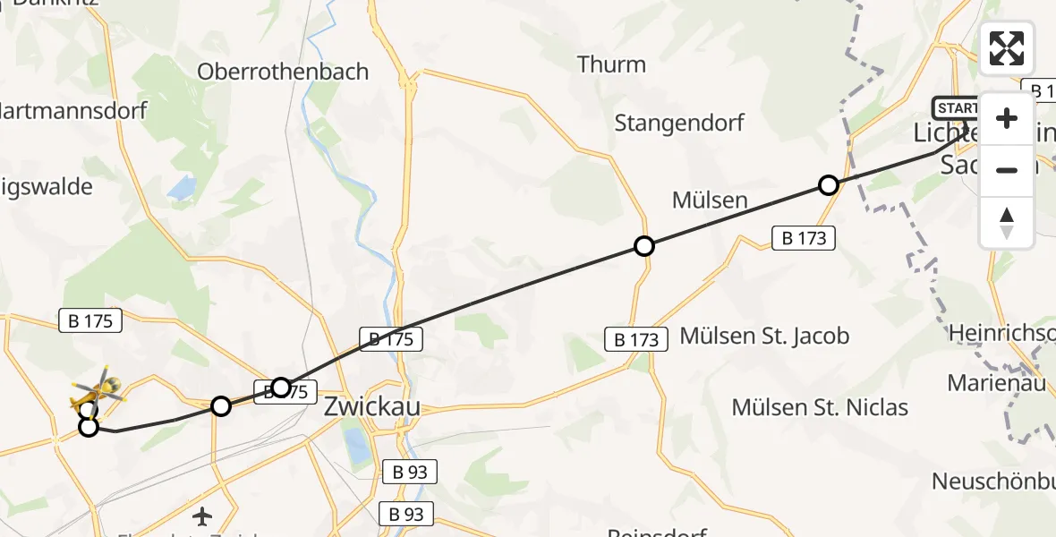 Flugroute Rettungshubschrauber Lichtenstein/Sa. - ADAC Air Rescue Station Zwickau Hubschrauberlandeplatz, 05 Mai 2026, 17:11