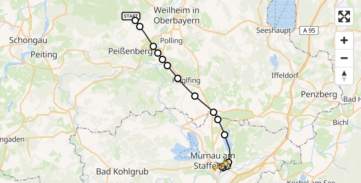 Flugroute Rettungshubschrauber Peißenberg - Murnau Accident Hospital, 05 Mai 2026, 17:20