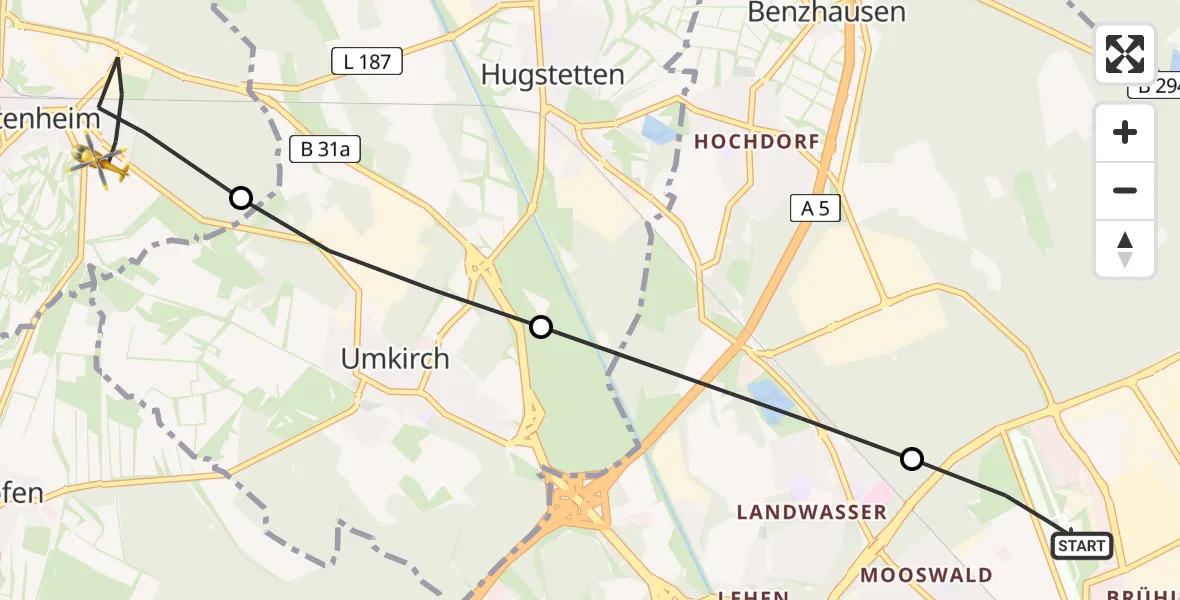 Flugroute Rettungshubschrauber Freiburg im Breisgau Flugplatz - Gottenheim, 05 Mai 2026, 17:23