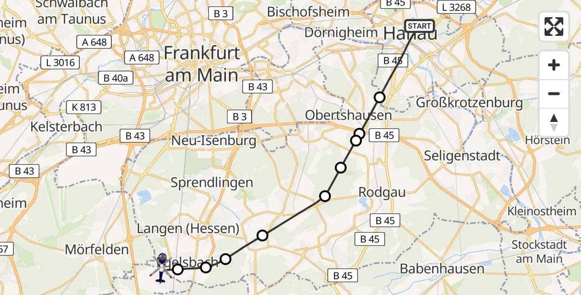 Flugroute Polizeihubschrauber Hanau - Flughafen Frankfurt-Egelsbach, 05 Mai 2026, 17:32