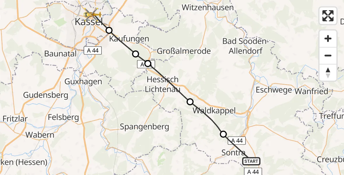 Flugroute Rettungshubschrauber Sontra - Kassel, 05 Mai 2026, 17:37