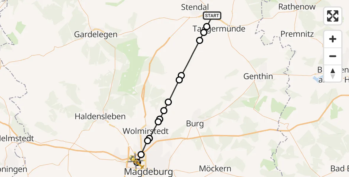 Flugroute Rettungshubschrauber Tangermünde - Magdeburg Hospital, 05 Mai 2026, 17:59
