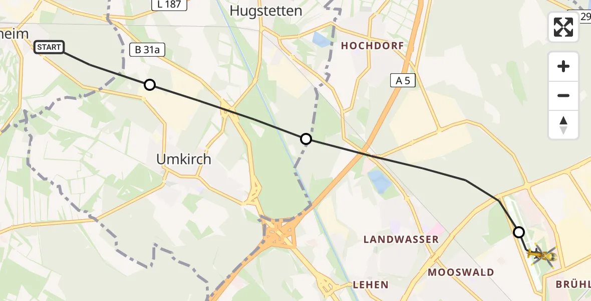 Flugroute Rettungshubschrauber Gottenheim - Freiburg im Breisgau Flugplatz, 05 Mai 2026, 18:07