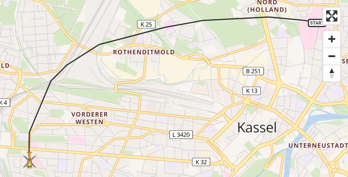 Flugroute Rettungshubschrauber Kassel - Kassel, 05 Mai 2026, 18:13