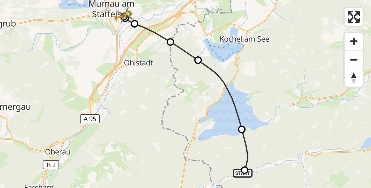 Flugroute Rettungshubschrauber Lenggries - Murnau Accident Hospital, 05 Mai 2026, 18:31