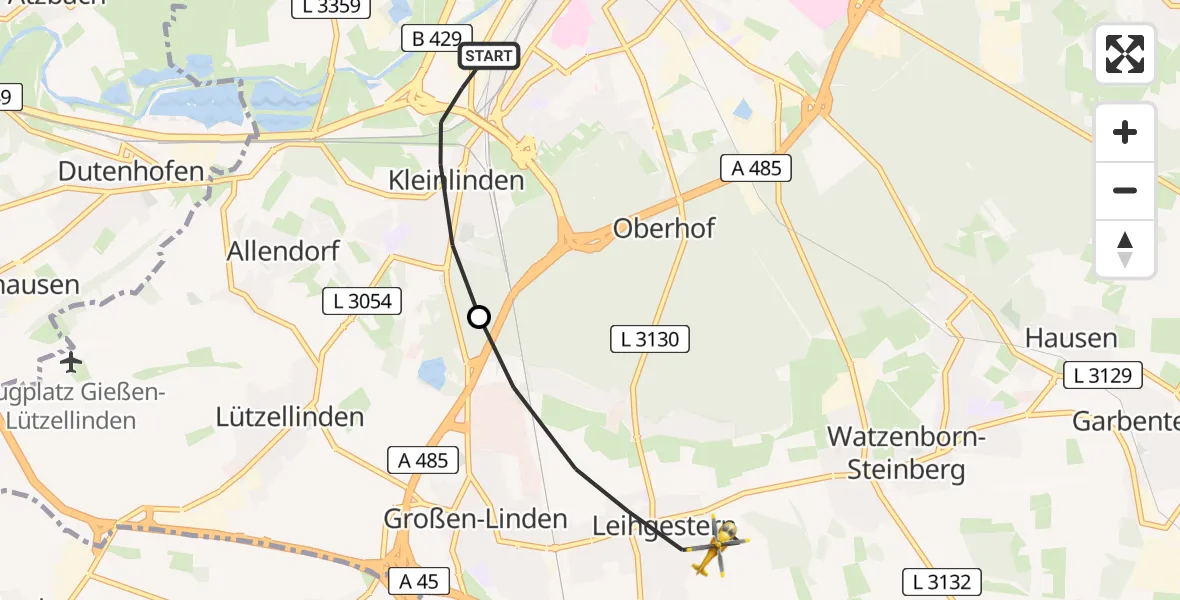 Flugroute Rettungshubschrauber Gießen - Linden, 05 Mai 2026, 18:32