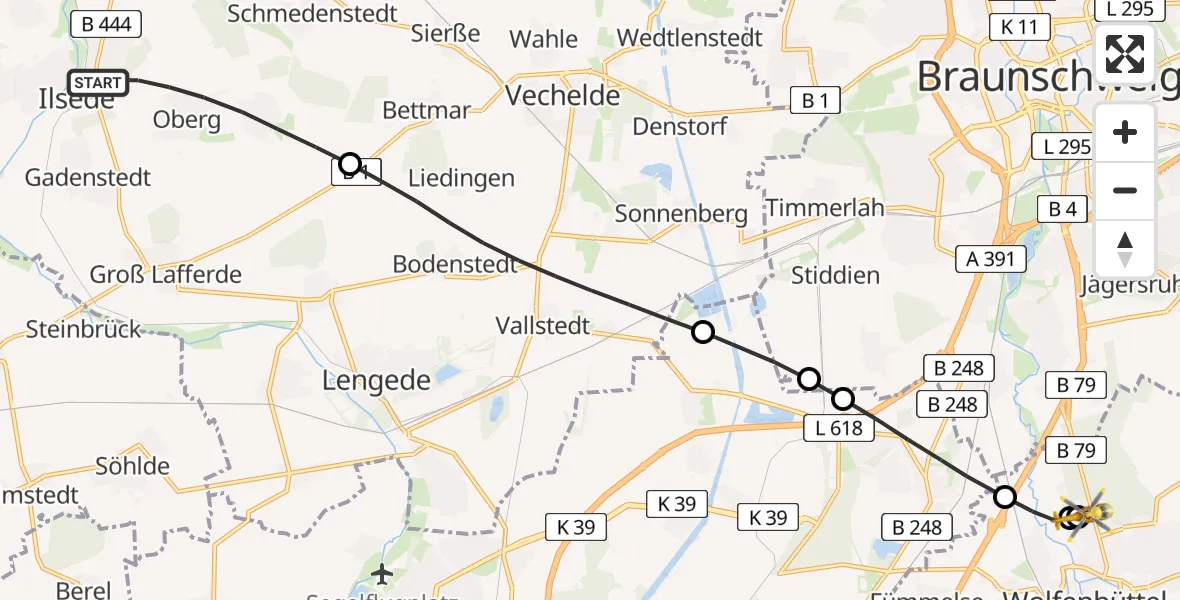 Flugroute Rettungshubschrauber Ilsede - Wolfenbüttel Municipal Hospital Heliport (Christoph 30), 05 Mai 2026, 18:37