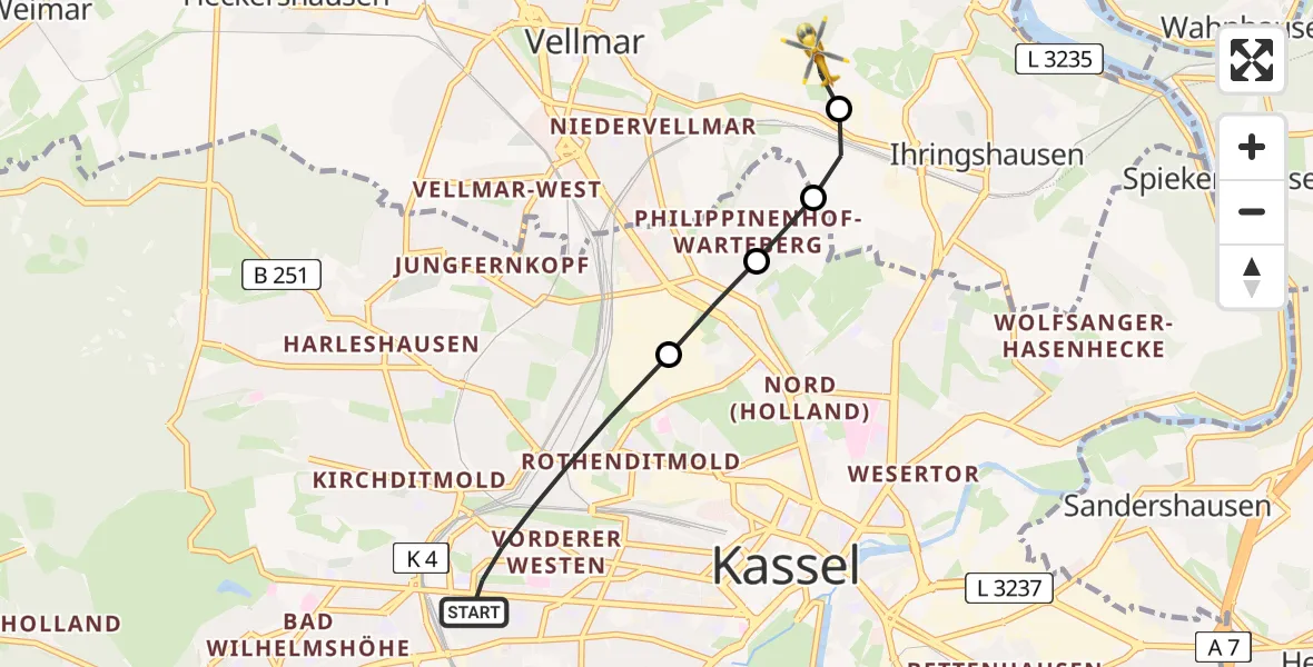 Flugroute Rettungshubschrauber Kassel - Fuldatal Bundespolizei Hubschrauberlandeplatz, 05 Mai 2026, 18:38