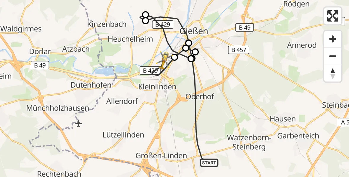 Flugroute Rettungshubschrauber Linden - Gießen, 05 Mai 2026, 19:22
