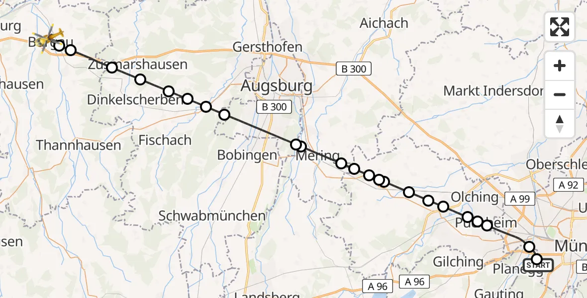 Flugroute Rettungshubschrauber DRF Air Rescue München Hubschrauberlandeplatz - Burgau, 05 Mai 2026, 19:54