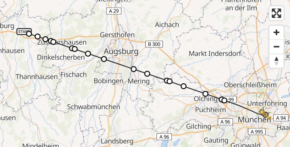Flugroute Rettungshubschrauber Burgau - München Bogenhausen Hospital, 05 Mai 2026, 20:51