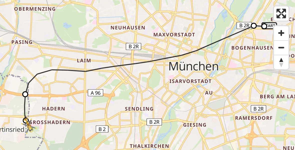 Flugroute Rettungshubschrauber München Bogenhausen Hospital - DRF Air Rescue München Hubschrauberlandeplatz, 05 Mai 2026, 21:43
