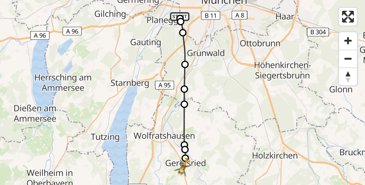 Flugroute Rettungshubschrauber DRF Air Rescue München Hubschrauberlandeplatz - Geretsried, 06 Mai 2026, 03:48