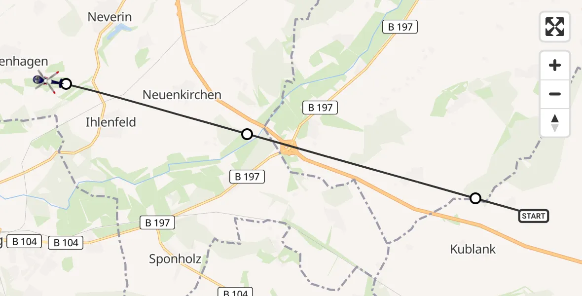 Flugroute Polizeihubschrauber Kublank - Neubrandenburg Trollenhagen Flughafen, 06 Mai 2026, 04:16