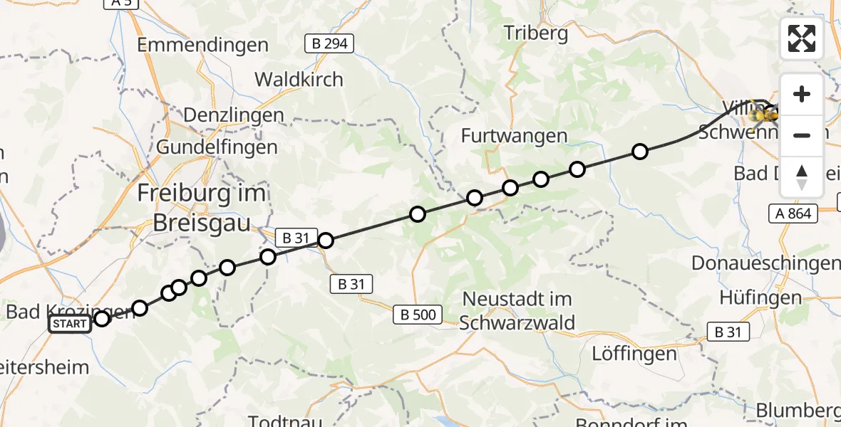 Flugroute Ambulanzhubschrauber Bad Krozingen - DRF Air Rescue Station Villingen-Schwenningen Hubschrauberlandeplatz (Christoph 11), 06 Mai 2026, 04:24