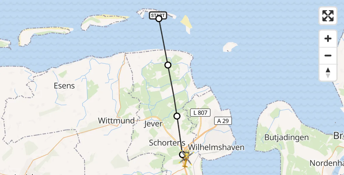 Flugroute Rettungshubschrauber Wangerooge Flughafen - Sande, 06 Mai 2026, 04:58