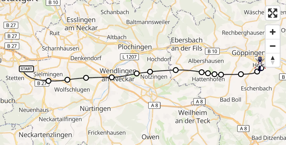 Flugroute Polizeihubschrauber Flughafen Stuttgart - Göppingen, 06 Mai 2026, 05:01
