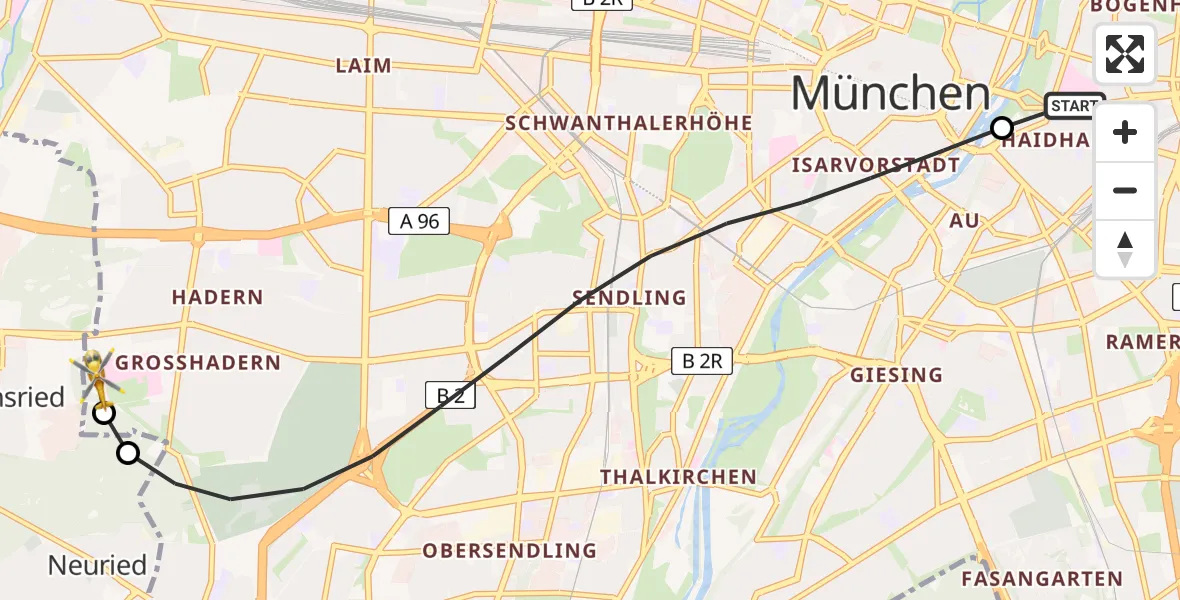 Flugroute Rettungshubschrauber Rechts der Isar University Hospital - DRF Air Rescue München Hubschrauberlandeplatz, 06 Mai 2026, 05:08