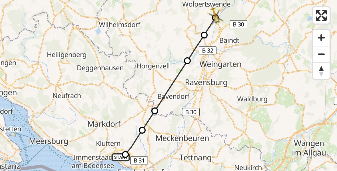 Flugroute Rettungshubschrauber Friedrichshafen Hospital - Wolpertswende, 06 Mai 2026, 05:29