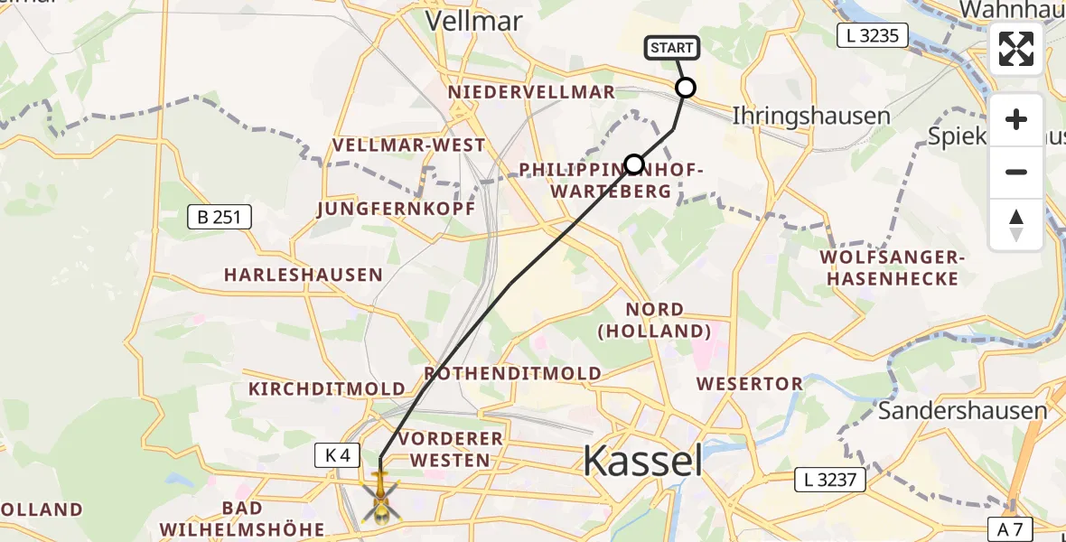 Flugroute Rettungshubschrauber Fuldatal Bundespolizei Hubschrauberlandeplatz - Kassel, 06 Mai 2026, 05:40