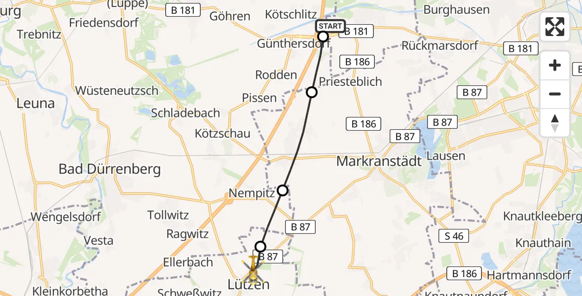 Flugroute Rettungshubschrauber ADAC Air Rescue Station Leipzig/Schkeuditz-Dölzig Hubschrauberlandeplatz (Christoph 61) - Lützen, 06 Mai 2026, 05:48