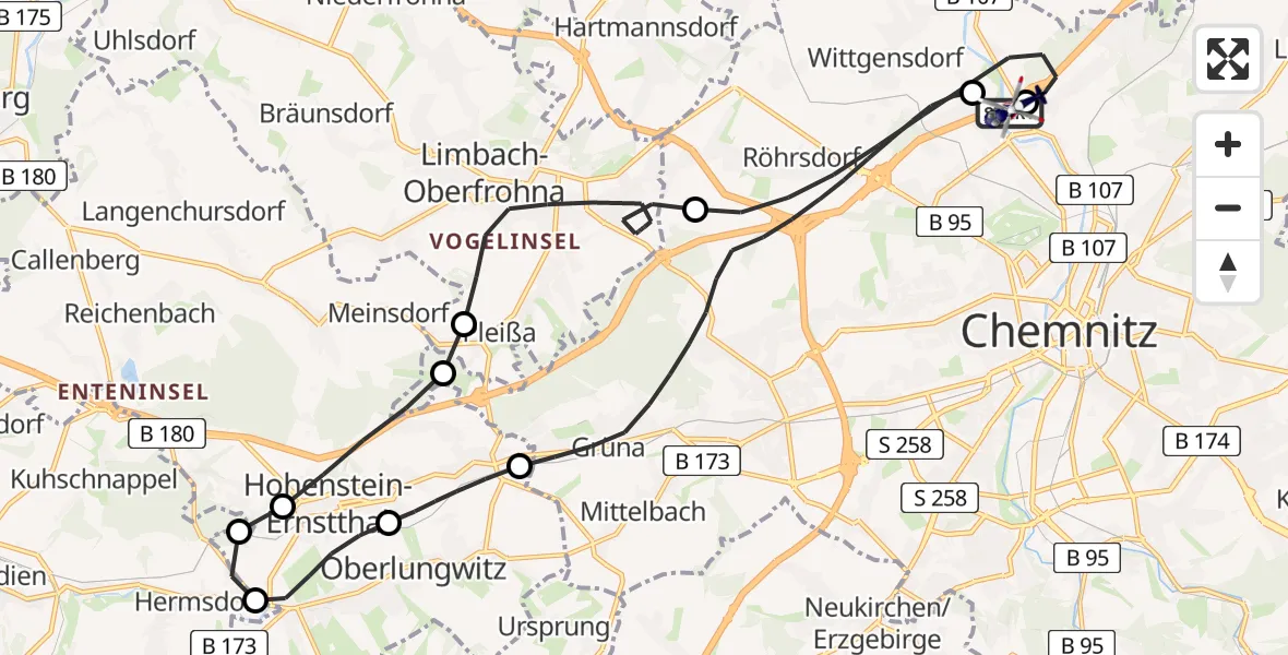 Flugroute Polizeihubschrauber Chemnitz-Glösa Industrial Park Hubschrauberlandeplatz - Chemnitz-Glösa Industrial Park Hubschrauberlandeplatz, 06 Mai 2026, 05:55