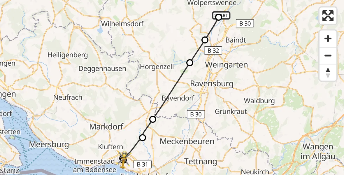 Flugroute Rettungshubschrauber Wolpertswende - Friedrichshafen Hospital, 06 Mai 2026, 06:07