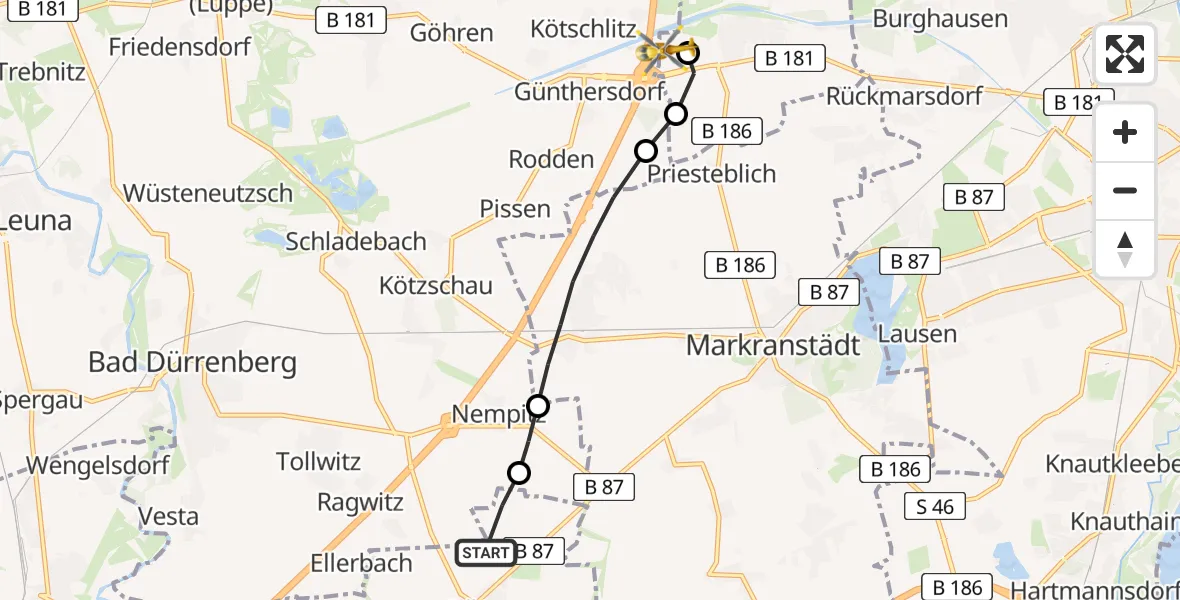Flugroute Rettungshubschrauber Lützen - ADAC Air Rescue Station Leipzig/Schkeuditz-Dölzig Hubschrauberlandeplatz (Christoph 61), 06 Mai 2026, 06:20