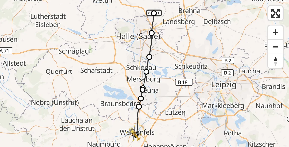 Flugroute Rettungshubschrauber Halle-Oppin Flugplatz - Asklepios Clinic Weißenfels, 06 Mai 2026, 06:28